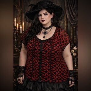Avenue Whimsigoth Red Black Mesh Overlay Corset Style Blouse Size 3X
